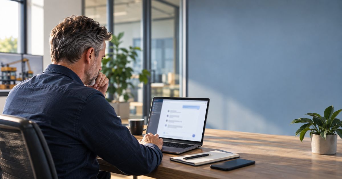 GEO optimalisatie: 5 stappen zodat AI je B2B-bedrijf vindt 1 Directeur zoekt een leverancier via een AI-assistent op zijn laptop